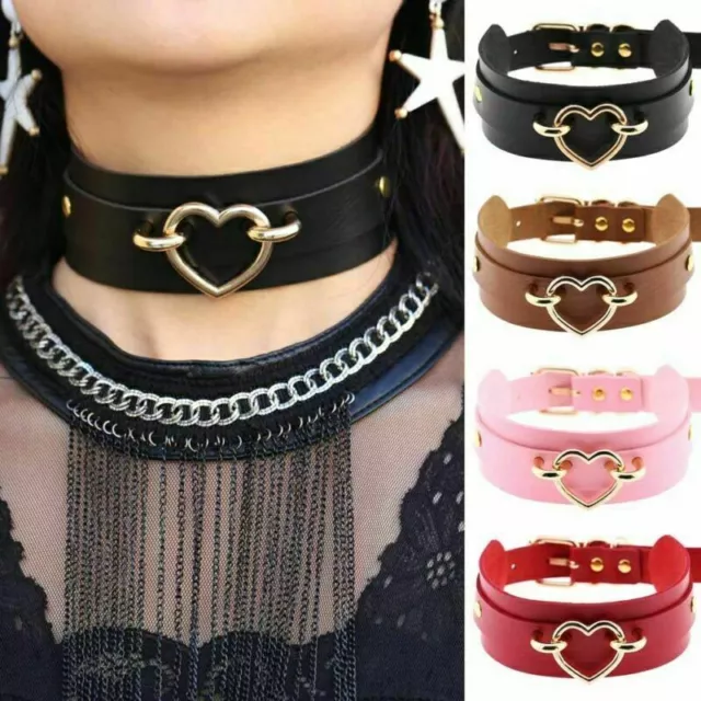 Fashion Punk Women's Buckle Gothic Wide PU Leather Heart Collar Choker Necklace