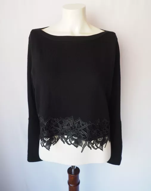 Elie Tahari 100% Merino Wool Cropped Sweater Floral Lace Flared Sleeve Black L