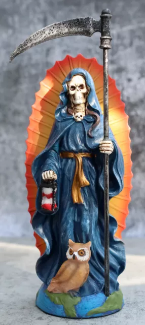 Standing Blue Santa Muerte Skeleton With Scythe Hourglass And Wise Owl Figurine