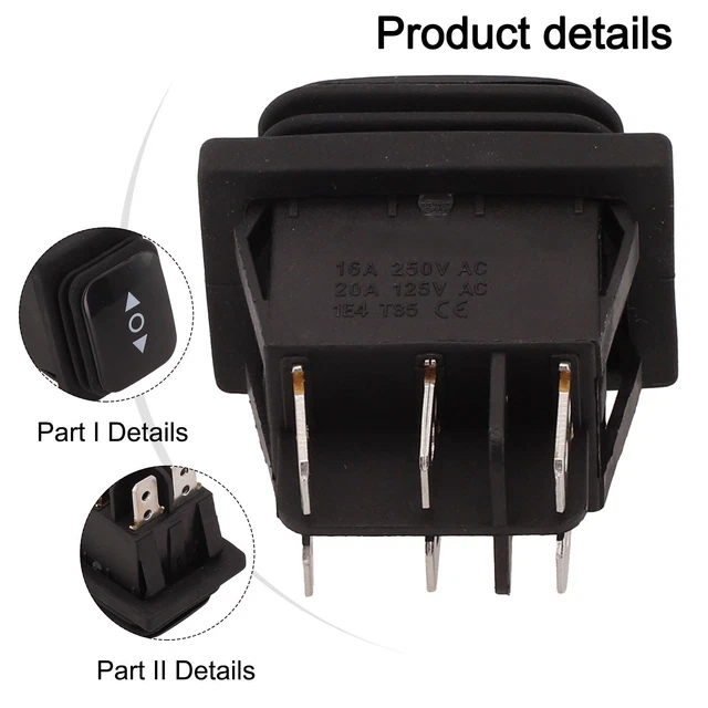 Interrupteur Inverseur étanche 6 Broches - 20A/125V AC, Momentané, Pour Actionneur Linéaire, Moteur DC, Noir - 11
