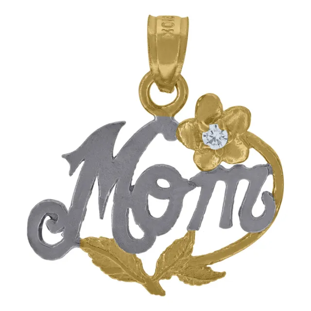 10K Two-tone Gold Cubic-Zirconia Flower Mom Charm Pendant for Womens 1.1g