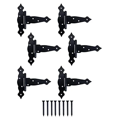 Metal Gate Hinges, 6 Pack - Heavy Duty 6 Inch Decorative Outdoor T Strap Hinges