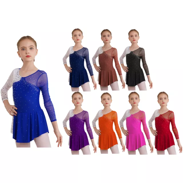 Girls Long Sleeve Figure Ice Skating Dress Shiny Diamonds Ballet Dance Leotards