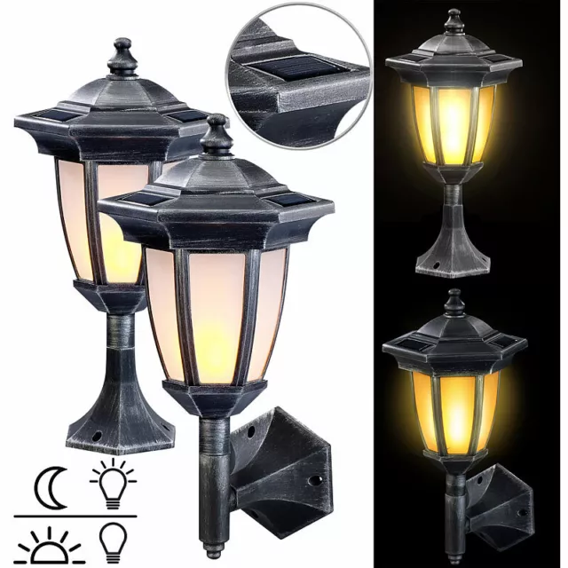 Lunartec 2er-Set Solar-LED-Stand- & Wandlaternen mit Flammeneffekt, IP44