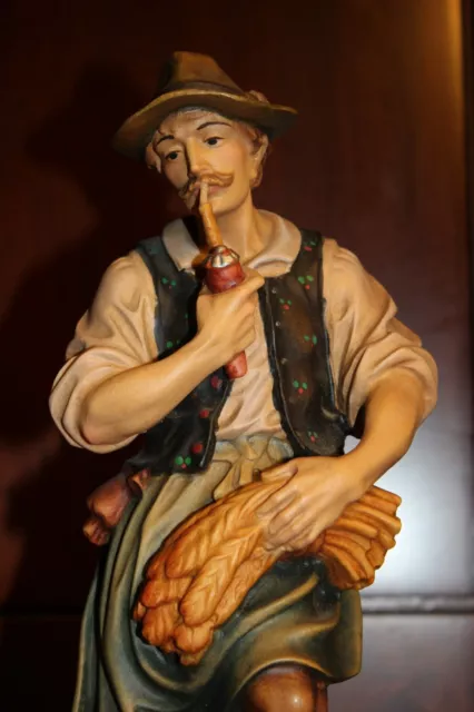 12" Wood Hand Carved Man Peasant Farmer Smoking Figure Statue Sculpture Carving