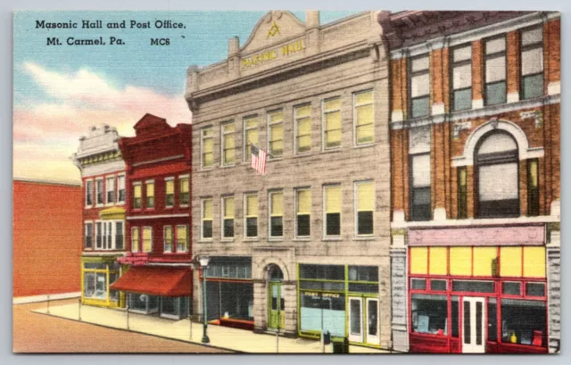 Vintage Postcard PA Mt. Carmel Masonic Hall Post Office Street View -3517