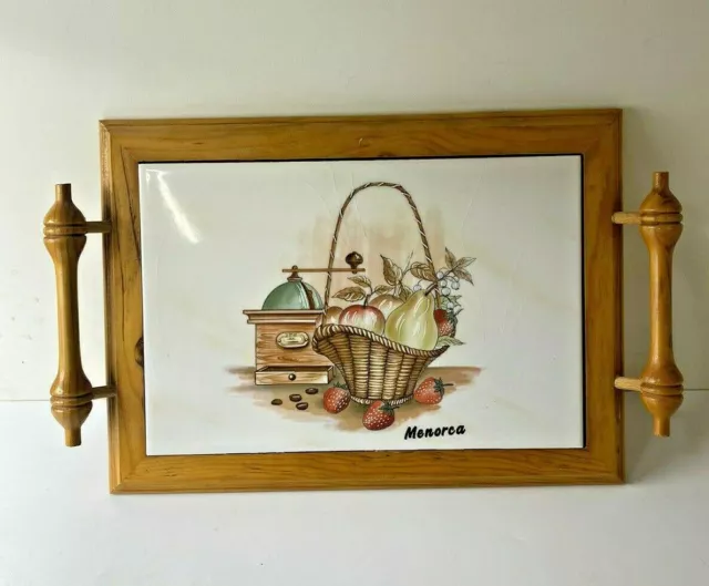 Attractive Retro Wooden Tray with Ceramic Panel Fruit Basket Design from Menorca