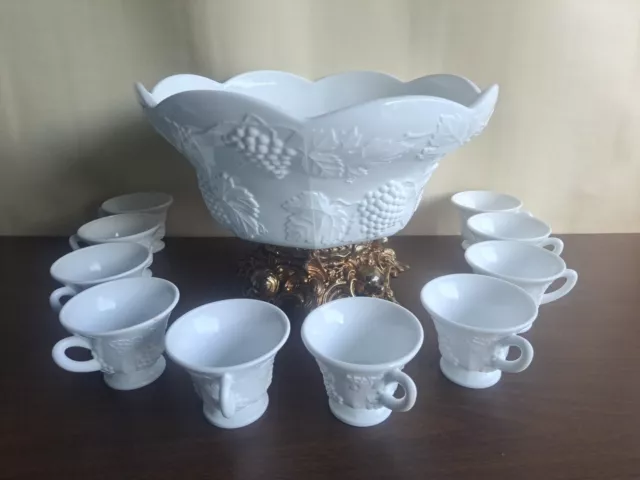 Vtg.Pitman & Dreitzer Lancaster Colony Milk Glass Punch Bowl w/11Cups