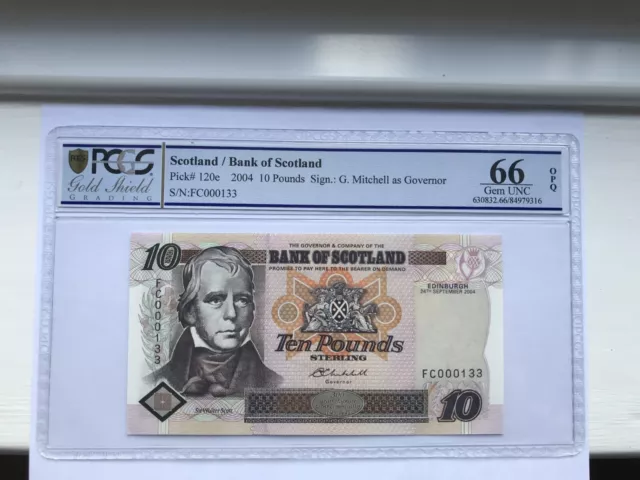 Bank of Scotland, £10 Pounds Bank Note, 2004,  Pick 120e, PCGS 66 OPQ, Gem UNC