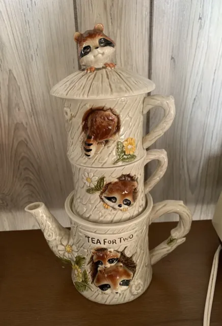 Vintage Raccoon Stackable Tea For Two Teapot And Cup Set Enesco 1977