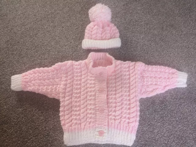 Hand Knitted Baby Aran Cardigan And Bobble Hat