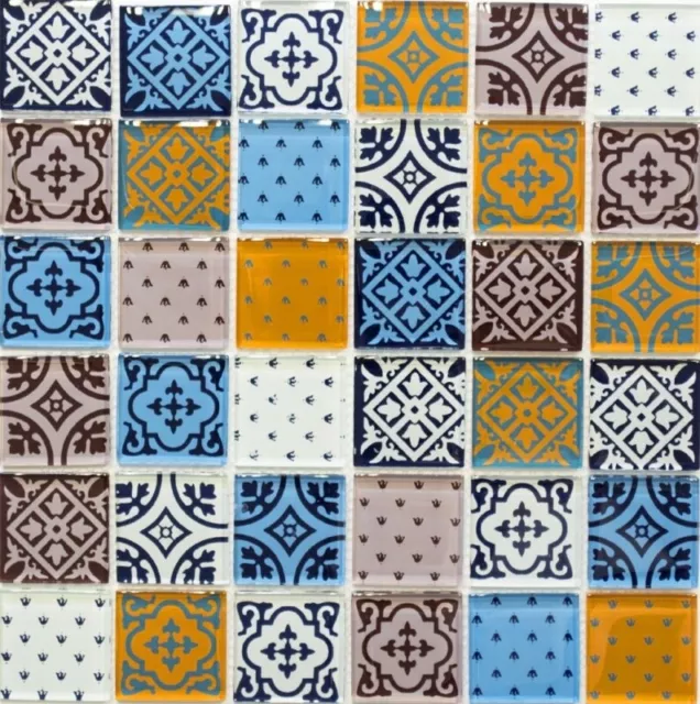 Mosaico de Vidrio Retro Vintage Ornamento Blanco Azul Naranja Gris Óptica