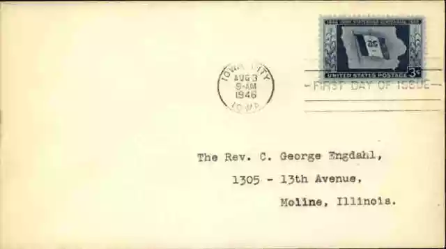 1946 USA US Stamp Day of Issue Cover Iowa City -> Moline 3 C. United States P.