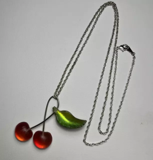 Alexis Bittar Hand Carved Lucite Cherries & Leaf Pendant Necklace