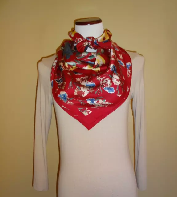 Vintage Ralph Lauren Red Multi Colored Floral Design Silk Square Scarf