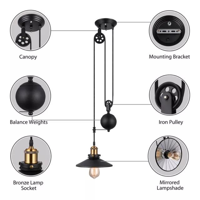 Loft Rustic Vintage Pendant Light Kitchen Island Adjustable Pulley Ceiling Lamp 2