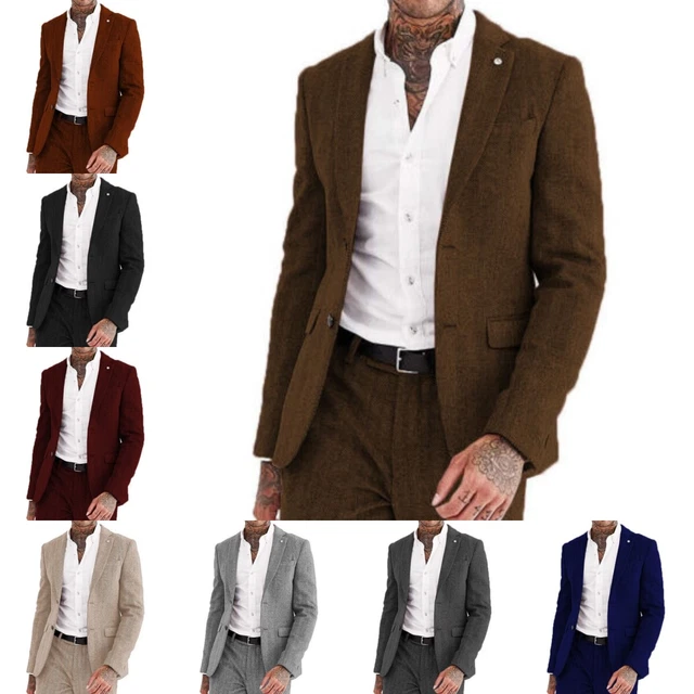 Blazer uomo 2 pezzi abito tweed spina di pesce matrimonio business smoking + pantaloni 42 44 46