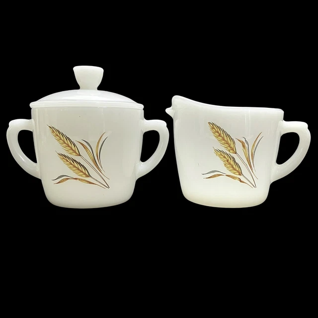 VINTAGE 1950S FIRE King Milk Glass Golden Wheat Sugar & Creamer Set Mid