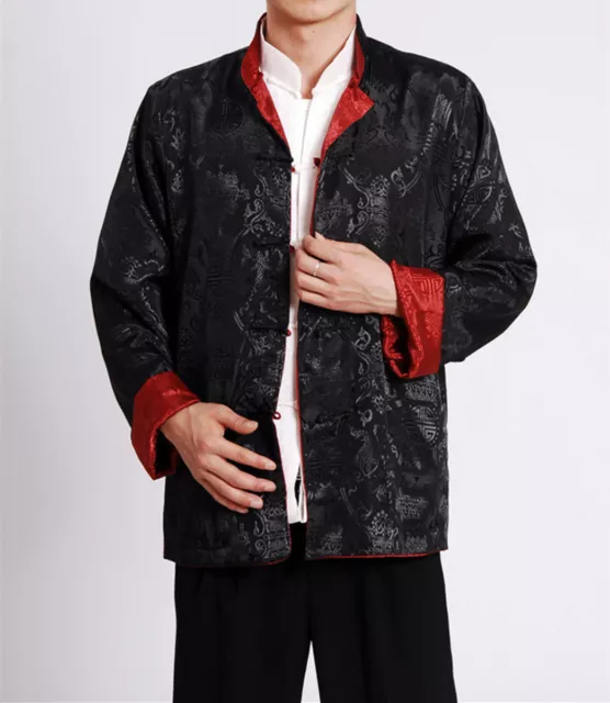 Double Sided Chinese Oriental Mens Kung Fu Satin Dragon Top Long Shirt