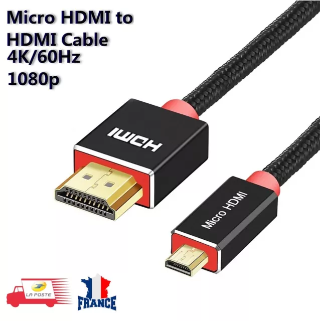 Câble Micro HDMI vers HDMI, Nylon tressé Supporte 3D 4K 60Hz 1080p 1M
