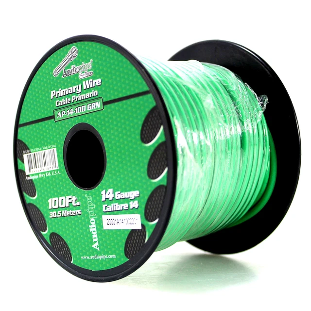 Audiopipe 14 ga 100 ft CCA varado primario alimentación a tierra carrete verde