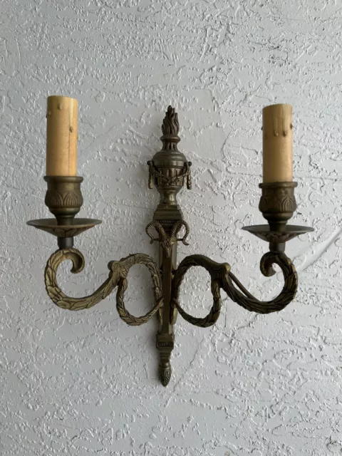 Pair Antique Vintage Cast Bronze 2 Arm Candelabra Wall Sconce Rams Head Regency