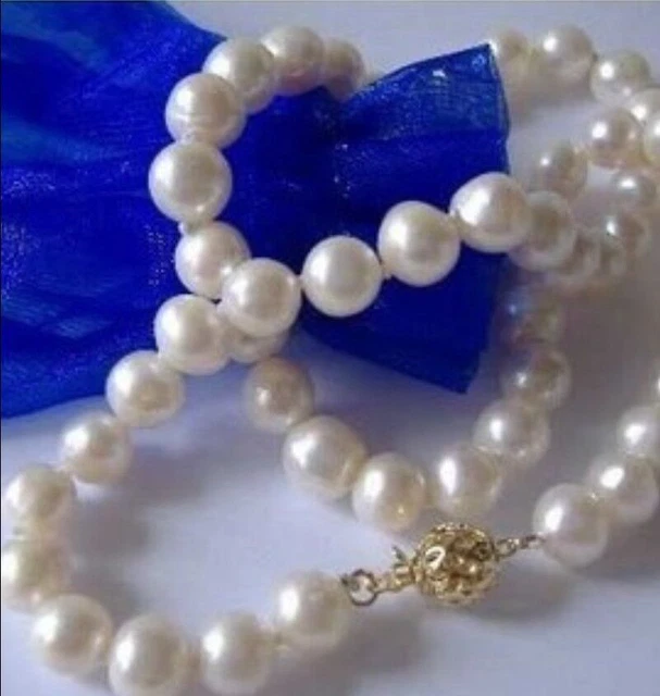 Genuine natural 8-9mm White Akoya Cultured Pearl Necklace 18" 14KGP
