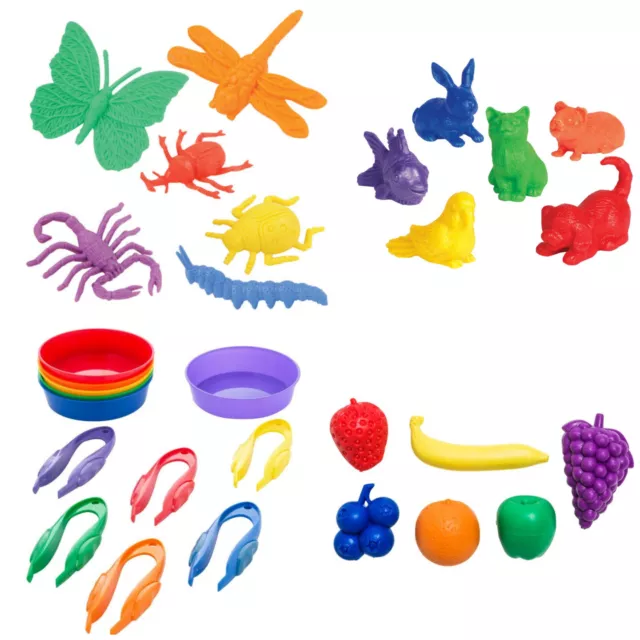6 Colours Plastic Counters Insects, Pets and Fruit for Kids Sorting Activity