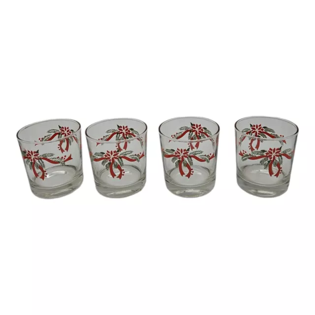 Christmas Glass Set Of 4  Anchor Hocking Poinsettia & Ribbons 9oz Rocks Glasses