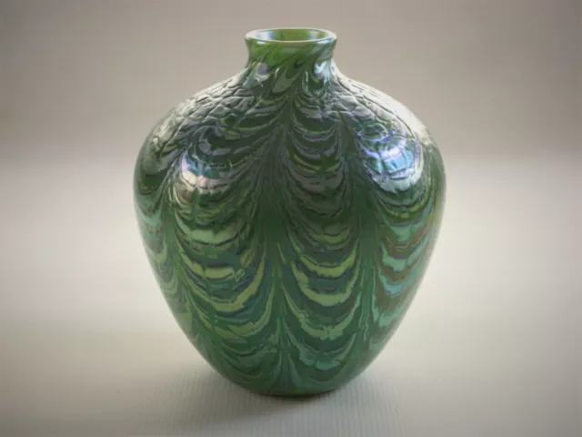 ORIENT & FLUME Studio Art Glass Vase - 1979 Peking Green Crackled Draped - 7" H.