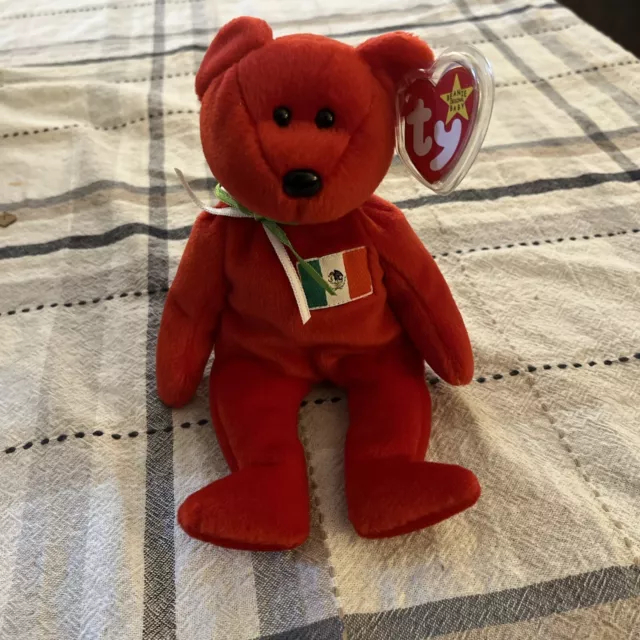 Ty Beanie Baby Osito The Mexican Flag Teddy Bear - MWMT - Exclusive Flag