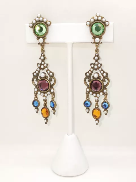 Ben Amun Vintage Cab Stone & Large Pearl Drop Earrings Purple Green Orange Blue Ben Amun Vintage Cab Stone & Large Pearl Drop Earrings Purple Green Orange Blue