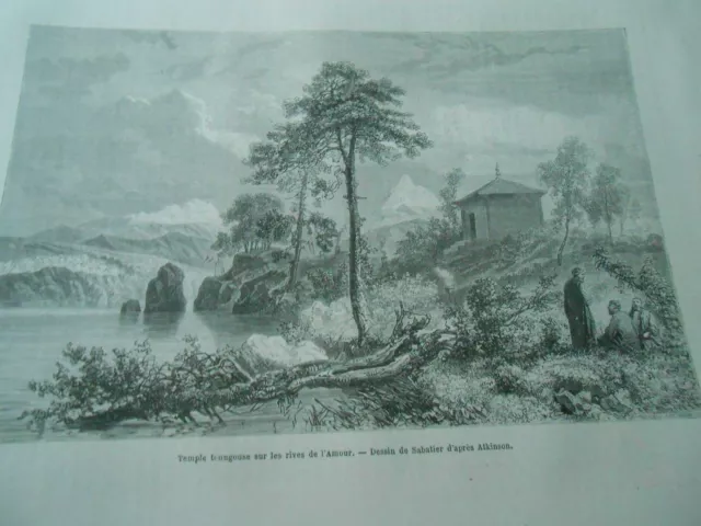 Gravure 1860 - Fleuve Amour Temple toungouse sur les vies de l'Amour
