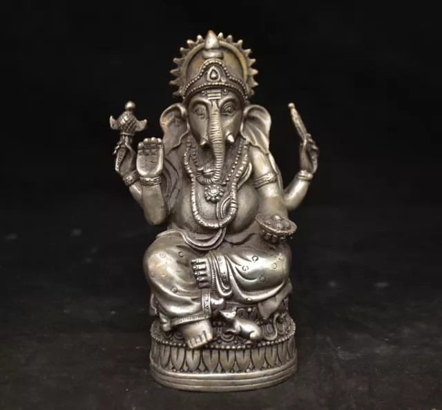 6.4 " Old Chinese Copper Silver Ganesh Lord Ganesha Elephant God Buddha Statue