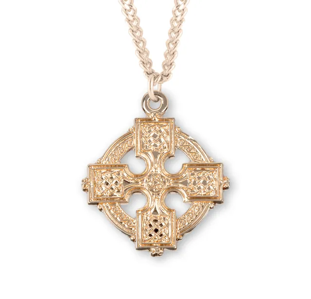 Gold Over Sterling Silver Ornate Round Celtic Cross Pendant Necklace, 18 In