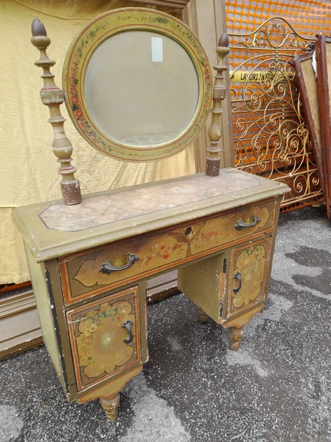 Toilette E Specchiera Laccata Veneziana - Verde Con Fiori Dipinti - 1940 Emilia