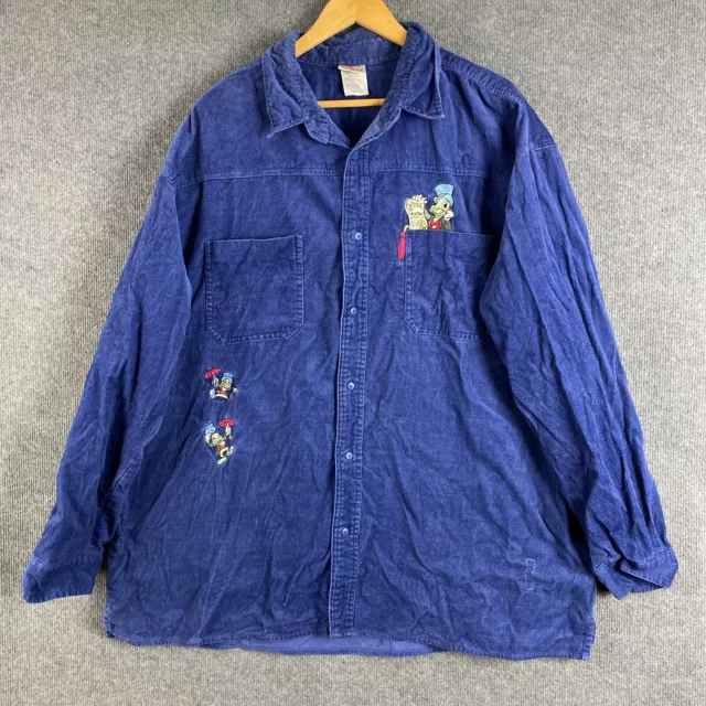 Jiminy Cricket Shirt Mens 2XL Blue Corduroy Button Up Vintage Disney Pinocchio