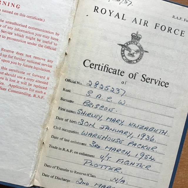 ORIGINAL BRITISH RAF “Certificate Of Service” Shirley Briscole, Fighter ...