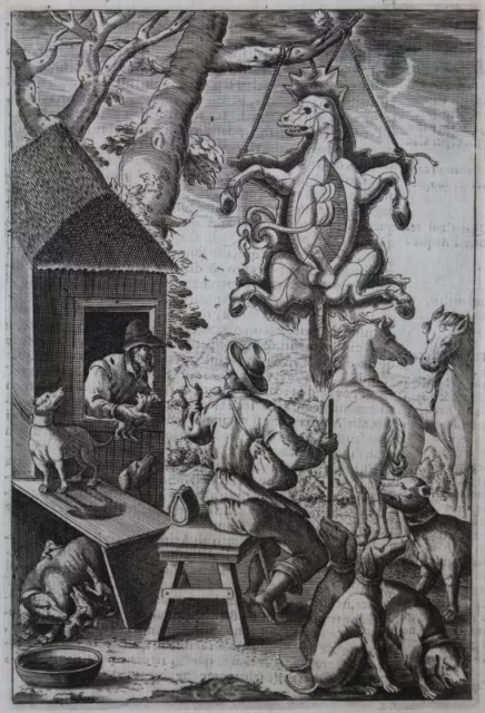 Ausgeweidetes Tier Jäger Kupferstich Raimondi De´cani di caccia Jagd-Hunde 1626