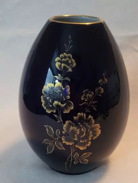 Vintage KAISER  W. GERMANY Floral Gold  Cobalt BLUE Vase 6¾" tall