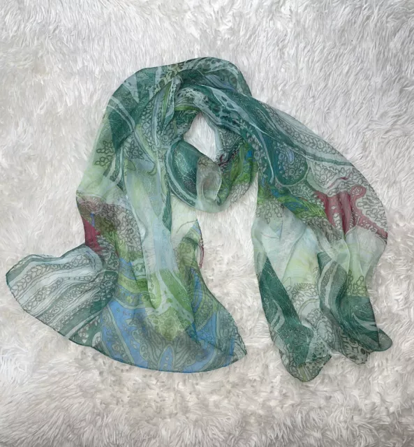 COLLECTION EIGHTEEN Green Multicolor Paisley/Floral/Leaves Scarf Chiffon 74 x 21