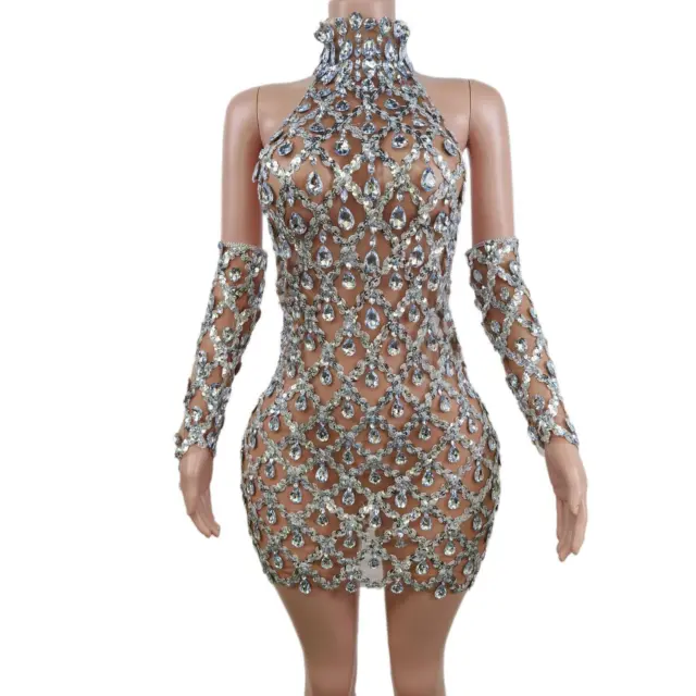 Women Crystal Sequin Short Dress Mesh Transparent Sexy Backless Dresses Costume