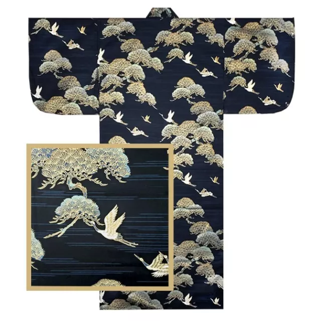 Japanese 58"L Kimono Yukata Robe Pine/ Tsuru Print Black Cotton MADE IN JAPAN