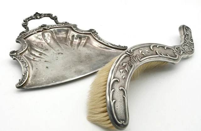 Ancien brosse de table dupont balayette ramasse miette bois noirci monogramme mt + coffret d'origine cuir et velours - Arts de la table