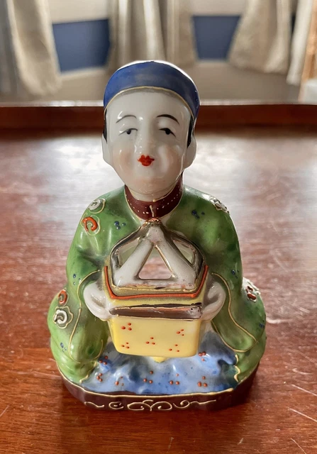 Antique Incense Burner Censer Asian Man Holding Incense Box 1950s Detailed
