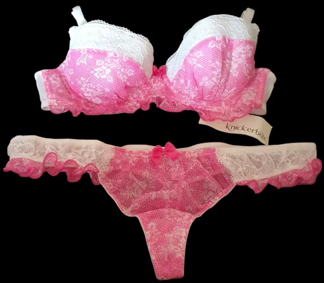 BNWT/KNICKERBOX/Ladies/Womens Pink & White Bra & Thong Set - Size: 34B & 14