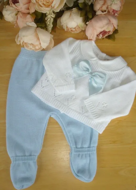 Portuguese Baby Boy 2 Pcs Knitted Set White Blue Bow Crochet Top Bottom 0-3-6-9m