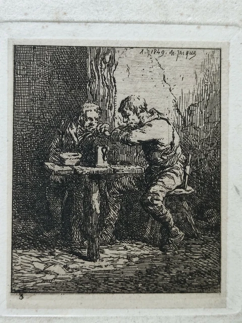 Gravure XIXe Charles Jacque, Buveurs, Barbizon Etching Incisione Radierung 19th