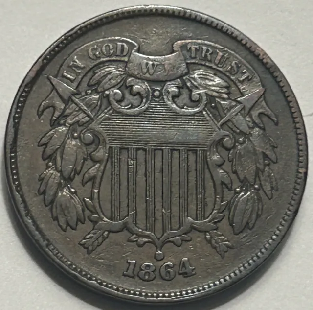 1864 Two Cent Piece — Choice VF+/XF Original — Rim Cud Mint/Variety ?