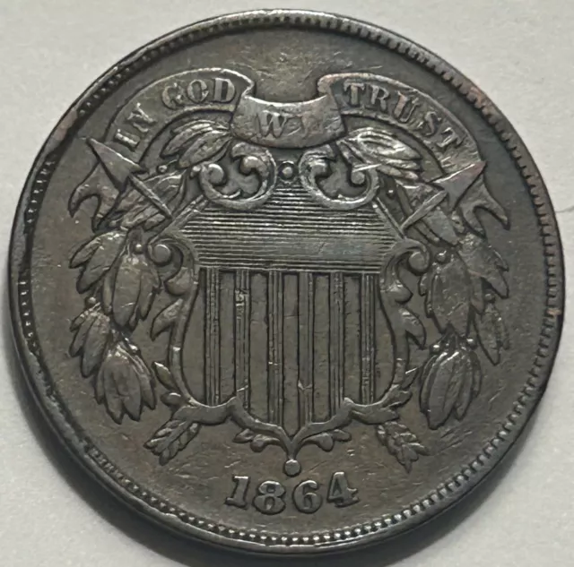 1864 Two Cent Piece — Choice VF+/XF Original — Rim Cud Mint/Variety ?